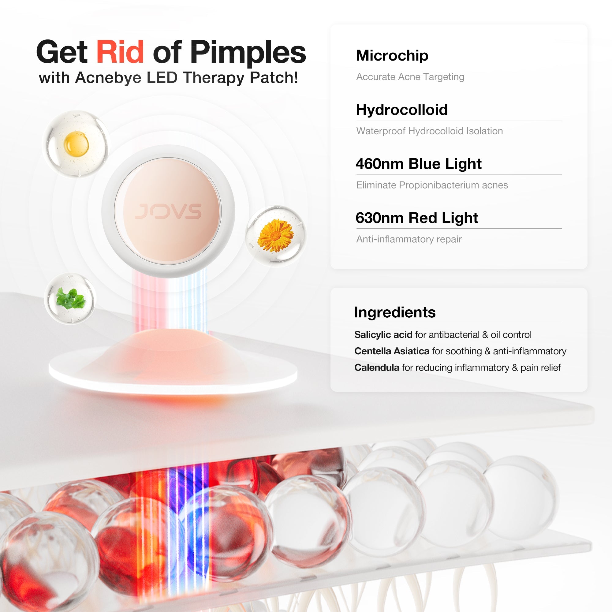 Detail view of JOVS Acnebye LED Therapy Patch with Microchip and Hydrocolloid technology for targeted acne treatment.